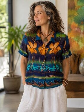 Vintage Clichy Canada 100% Rayon Wearable Art Floral Button Front Blouse
